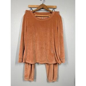 Soma Pajama Set Women L Peach Ribbed Velour Long Sleeve Top Joggers Loungewear